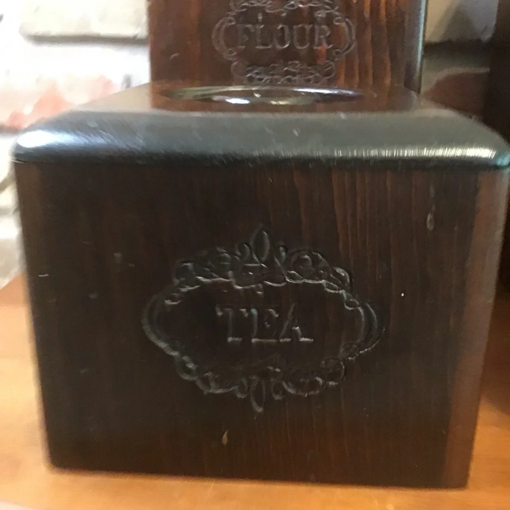 VINTAGE 60’s 70’s MCM Flour Sugar Tea Coffee Square Wooden Canister Set